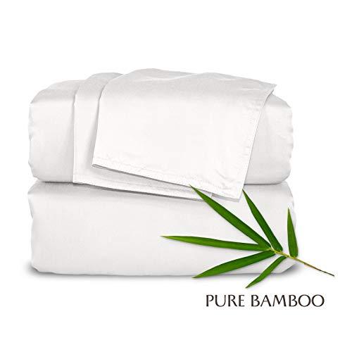 Pure Bamboo Sheets - Queen Size Bed Sheets 4pc Set - 100% Organic Bamboo - Incredibly Soft - Fits Up to 16" Mattress - 1 Fitted Sheet, 1 Flat Sheet, 2 Pillowcases (Queen, White)