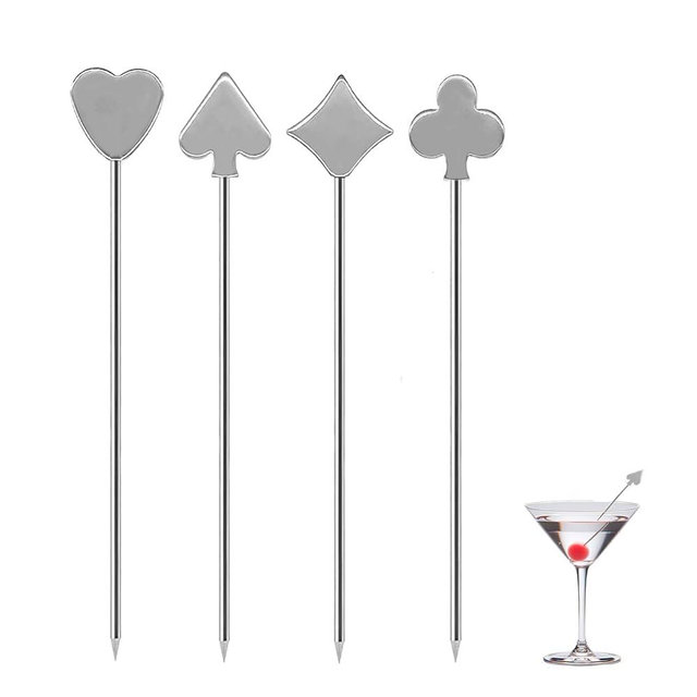 Sipoyen Poker Card Cocktail Picks for Drinks 4 Inch Stainless Steel Reusable Martini Picks Cocktail Garnish Skewers for Olive, Twist, Berry, Beach Style Decor 4-Piece