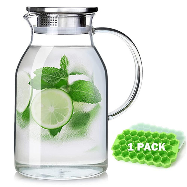 88OZ Glass Water pitcher with lid and Spout，High Heat Resistance Pitcher water jug for Hot/Cold Water & Iced Tea Wine Coffee Milk and Juice Beverage Carafe with Gift Ice Tray (2.6L)