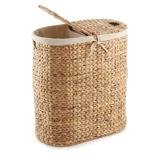 Casafield Oval Laundry Hamper with Lids and Removable Liner Bags - Natural, Woven Water Hyacinth 2-Section Laundry Basket Sorter for Clothes and Towels