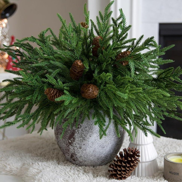 Artificial Christmas Norfolk Pine Stems Branches for Vases, 12 Bundles Faux Fake Greenery Evergreen Real Touch Feel Green Branch with Pinecones for Holiday Winter Table Xmas Decorating