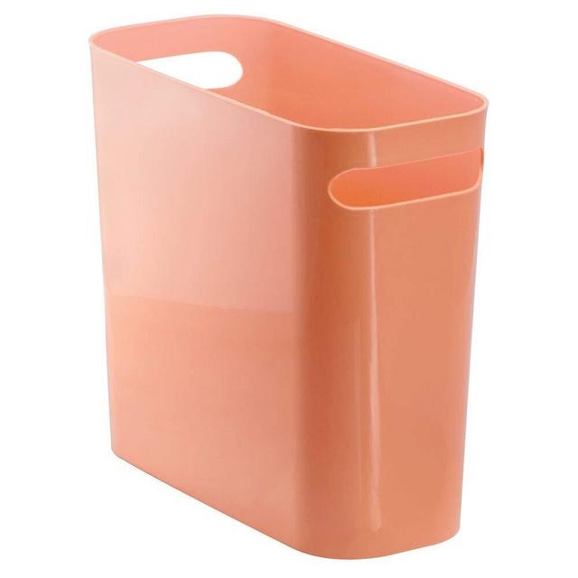 mDesign Slim Plastic Rectangular Small Trash Can Wastebasket, Garbage Container Bin with Handles for Bathroom, Kitchen, Home Office, Dorm, Kids Room - 10" High, Shatter-Resistant - Coral Orange