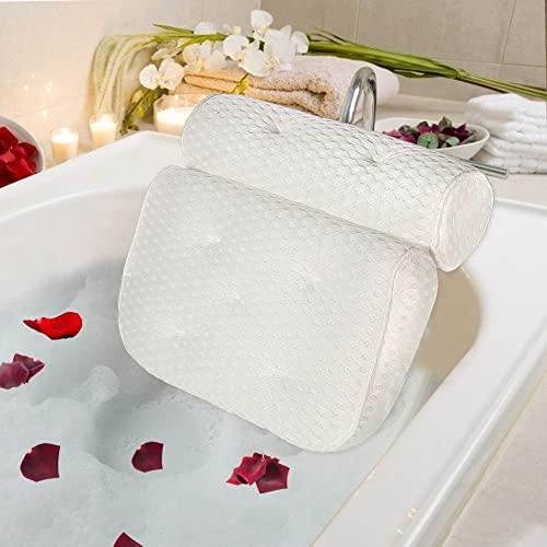 Bath Pillow 4D Air Mesh Bathtub Headrest with 7 Non Slip Suction Cups for Tub, SPA Pillow for Neck Shoulder Head Support - White