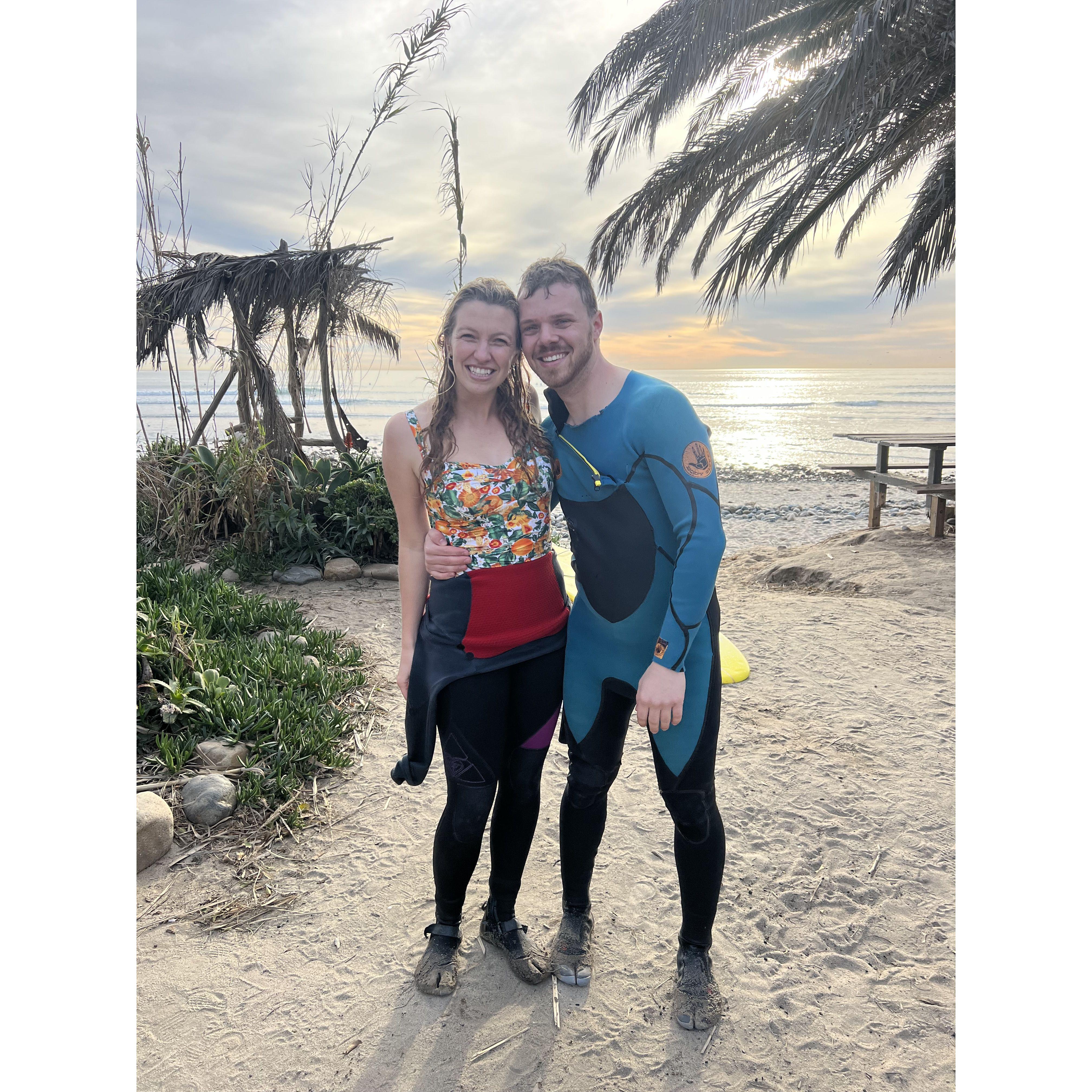 Stephen takes surf lessons from Kallin at San Onofre, CA