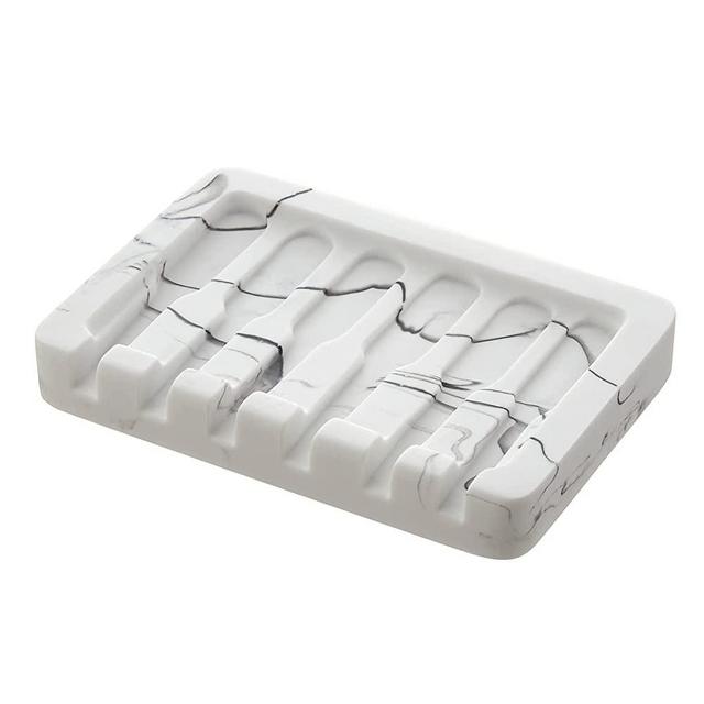 INIUNIK Self Draining Soap Dish, Marble Look Soap Dishes for Bar Soap, Shower Soap Holder Sponge Holder Soap Tray Soap Savers for Bathroom Shower Kitchen - White