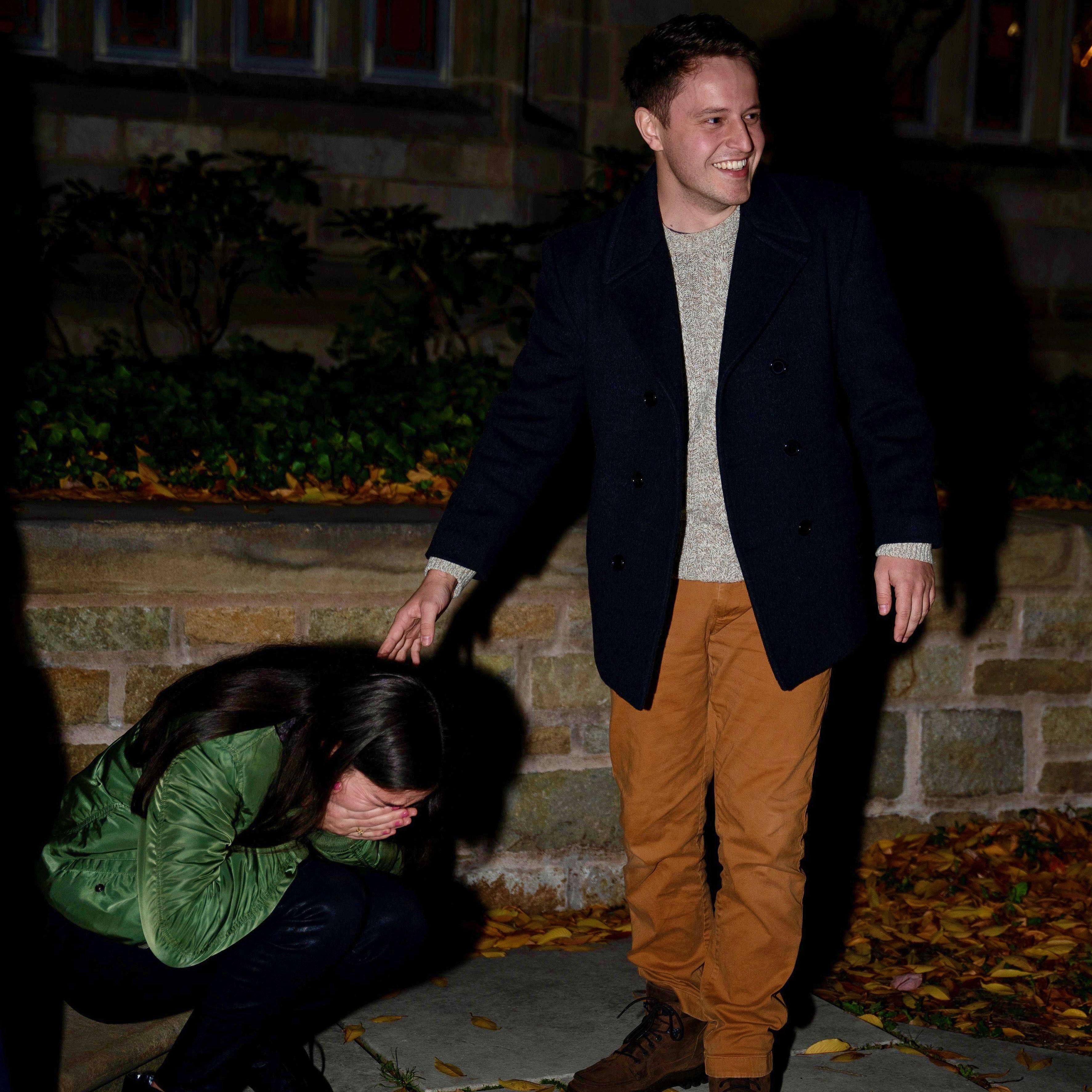 The biggest surprise of the night was that John invited Annalise's parents to New Haven for the proposal. This photo is from the moment she saw them walking across the courtyard.