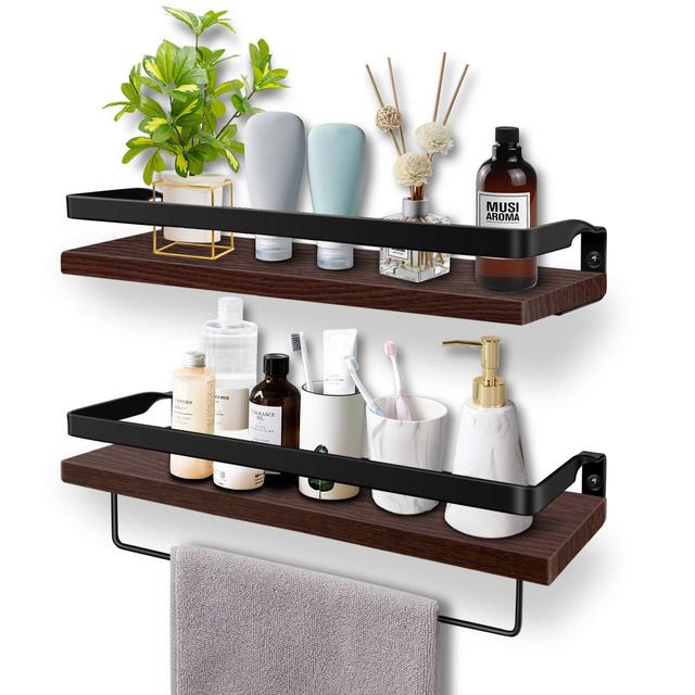 Soraken Floating Shelves, Wall Shelves Wall Mounted Bathroom Shelf, Rustic Wood Wall Storage Shelves for Kitchen, Bathroom, Living Room and Bedroom Set of 2 with Removable Towel Holder-Vintage Black
