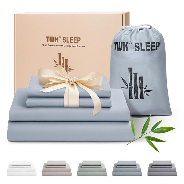 TWK Luxury Sheet Set, Genuine 100% Organic Viscose Derived from Bamboo, Cooling & Breathable, Silky Soft, Bedding Sheets & Pillowcases (Sterling Blue, King)