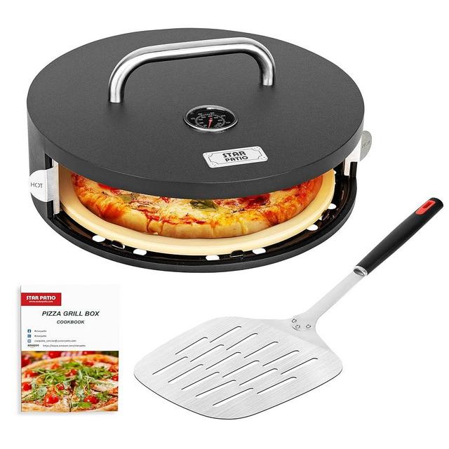 Star Patio Pizza Oven for Grill, 【2024 Upgrade】Grill Top Pizza Oven with Sliding Door, Portable grill pizza oven with Pizza Stone, Pizza Peel, Thermometer, Recipe for Charcoal, Gas Grill, PZB-001N
