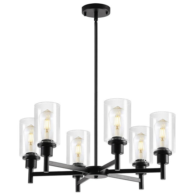9MMML Farmhouse 6-Light Glass Chandelier, Modern Black Light Fixture for Kitchen Dining Room Over Table, Industrial Lighting for Living Room, Foyer, Entryway, E26 Bulb Base