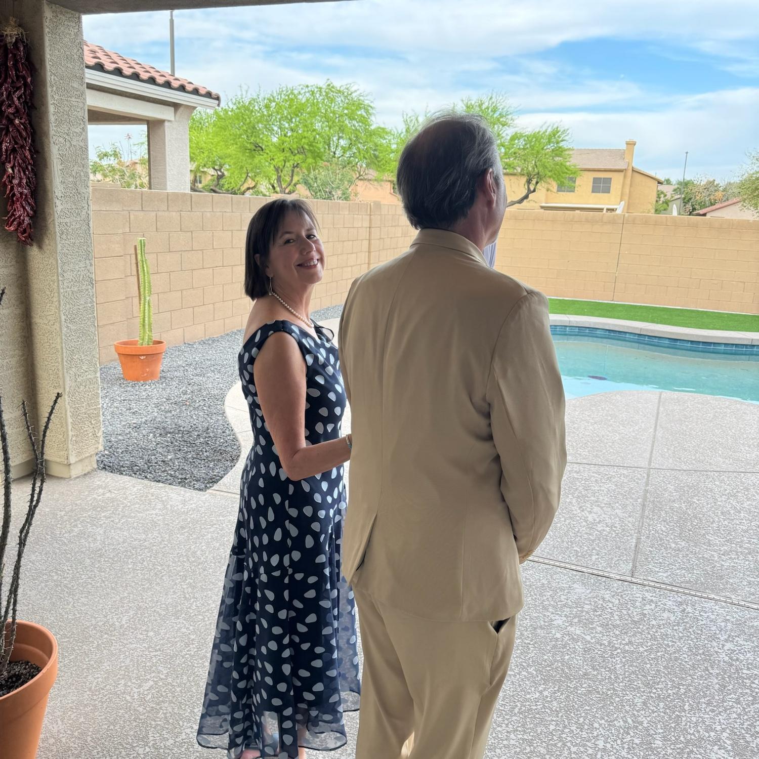 Mother of the bride (Karen) and father of the groom (Yves)