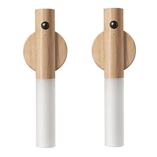 LANDGOO Motion Sensor Night Lights Magnet Body Sensor Hallway Night Lights Rechargeable Led Light Portable Stairway Night Lights Wooden Wall Sconce Battery Powered(White Ash Wood 2PC)