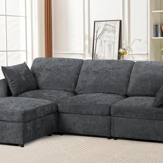ACMEASE 84” Chenille 3 Seater Sofa W/Movable Ottoman, Modern Fabric L-Shaped Couch w/Soft Backrests, Upholstered Sectional Sofa w/Arm Pillows for Living Room, Office, Grey