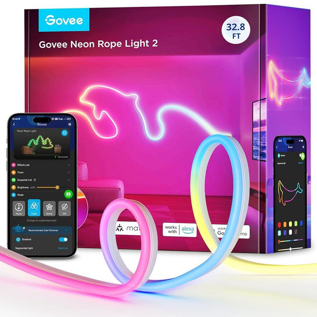 Govee RGBIC Neon Lights, LED Smart Neon Rope Light 2 Works with Matter, Alexa, Google Assistant, Custom DIY Neon Strip Lights for Bedroom and Holiday Decor, Softer Material, 32.8ft, White