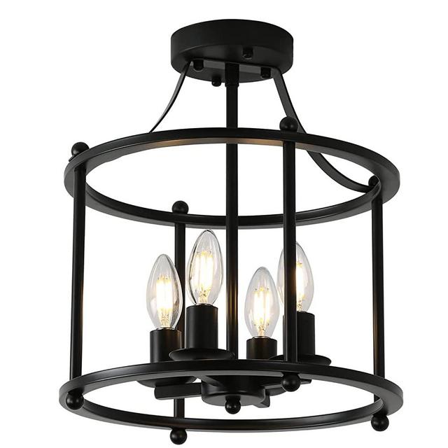 Industrial Semi Flush Mount Ceiling Light Fixture, 4-Light Farmhouse Candle Holder Matte Black E12 Base Metal Rustic Vintage Chandelier Lighting for Kitchen Dining Room Hallway Entryway Bedroom