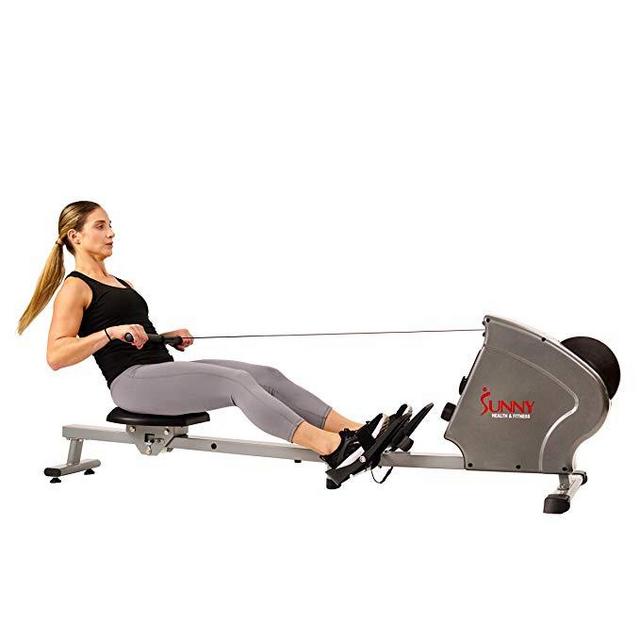 Sunny Health & Fitness SF-RW5856 Magnetic Rowing Machine Rower, 11 lb. Flywheel and LCD Monitor with Tablet Holder, Gray