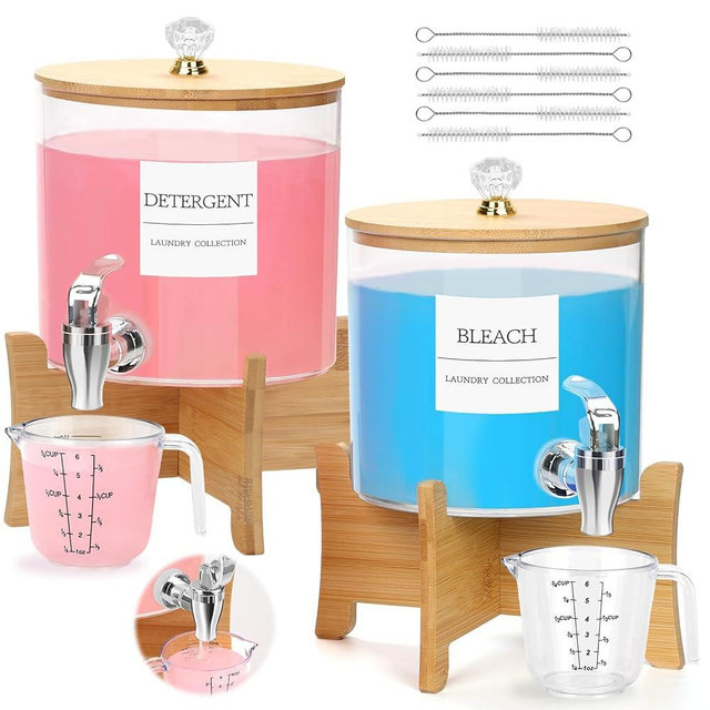 2Pcs Laundry Detergent Dispenser, Laundry Soap Dispenser with Stand, Faucets Acrylic Laundry Detergent Container for Laundry Room Liquid Detergent, Bleach, Fabric Softener Organization and Storage