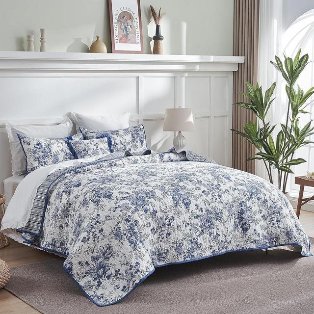 Wonderful 100% Cotton Floral Quilt Set King Size, Quilt Bedding Sets with Pillow Shams, 4 Pieces Floral Bedspread Coverlet Set, Quilted Blanket Thin Comforter Bed Cover for All Season