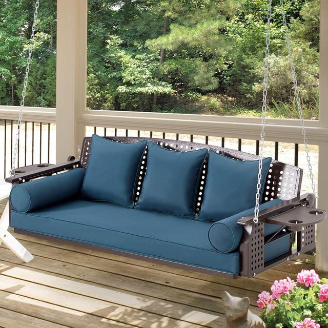 Yalissey 3 Seat Porch Swing, Patio Swing Bench with Cup Holders & 3 Back Cushions, Swing Chair with Chains for Deck Garden Backyard,Peacock Blue