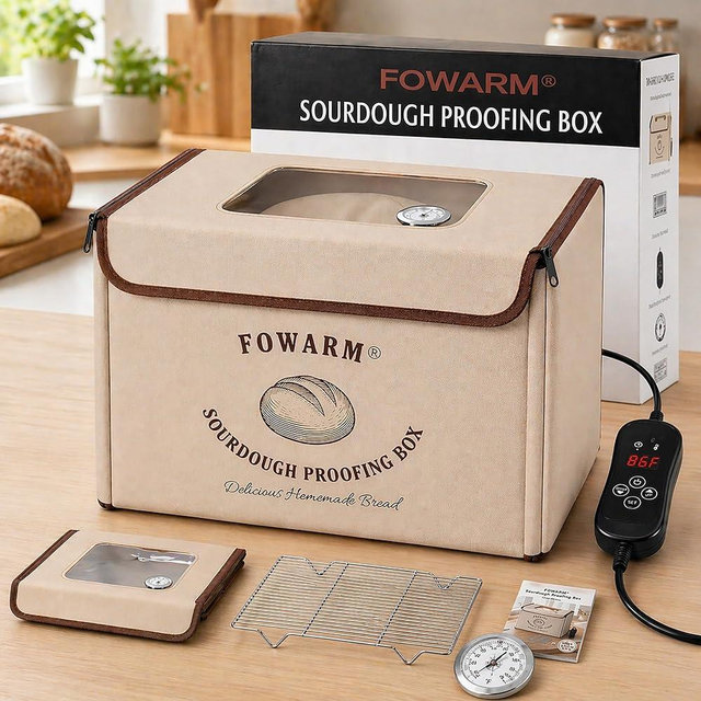 FOWARM Folding Bread Proofing Box Dough Proofer Sourdough Starter Warmer with 32–108℉ Precision Temperature Control 24H Timer 3-Sided Heating Humidity Monitor 15.7×11.8×11.8in 65W