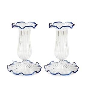 Moda Domus Set-Of-Two Small Scalloped Glass Candle Sticks, Blue