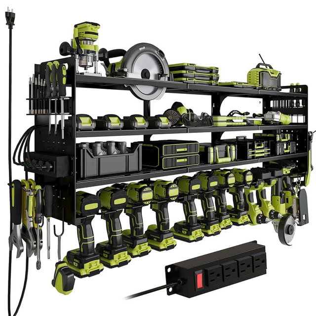 12 Cordless Drill Holder Large Power Tool Organizer Wall Mount with Side Pegboard & Screwdriver Holder, 4-Tier Heavy Duty Metal Tool Storage Rack with 4-Outlet Power Strip