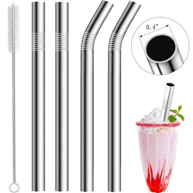 Vannise Stainless Steel Smoothie Straws, 0.4'' Extra Wide Reusable Metal Drinking Straws for Milkshake, Boba, Smoothie, Beverage, Set of 4 with 1 Cleaning Brush