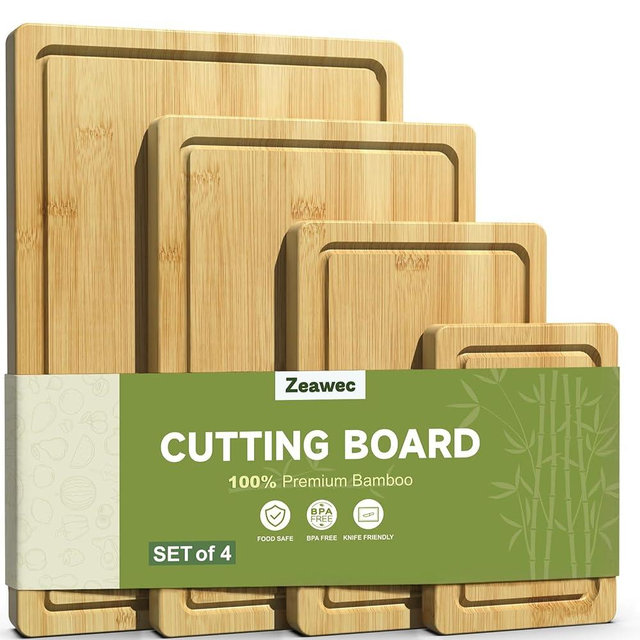 Zeawec 4-Piece Set Bamboo Cutting Board for Kitchen - Crack-Resistant Wood Chopping Boards with Deep Juice Grooves, Pre-Oiled Butcher Block for Meat, Vegetables & Cheese, Natural