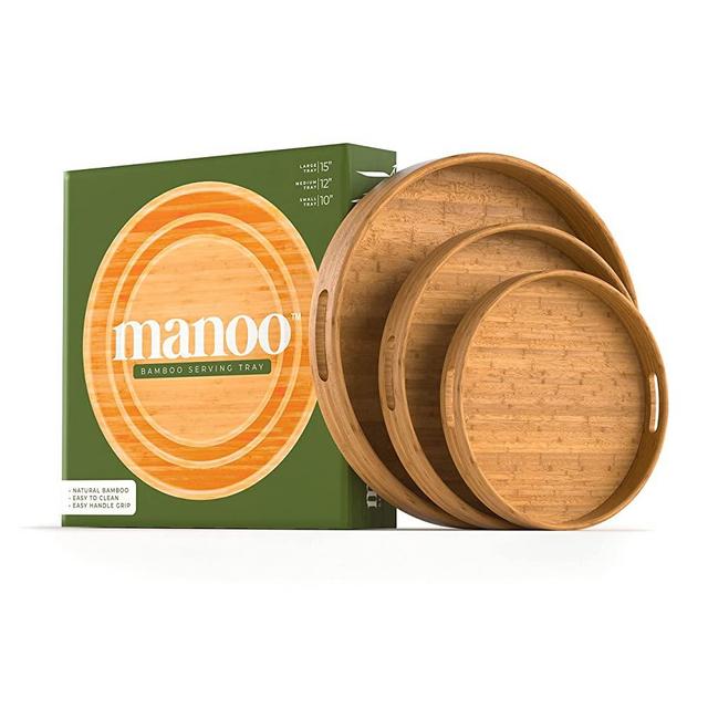 Wooden Round Serving Tray with Handles, 3Pcs Set Decorative Tray for Ottoman, Round Serving Tray for Food, Tea, Coffee, Wooden Trays for Coffee Table, Kitchen, Dining Room and Home Decor.