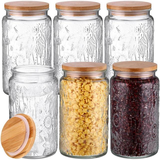 Domensi 6 Pack 34 Fl oz Vintage Glass Storage Jars with Wooden Lids Airtight Cute Cookie Jars Food Storage Containers for Decorative Desk Kitchen Office Pantry Candy Coffee Tea Bean Flour Oats
