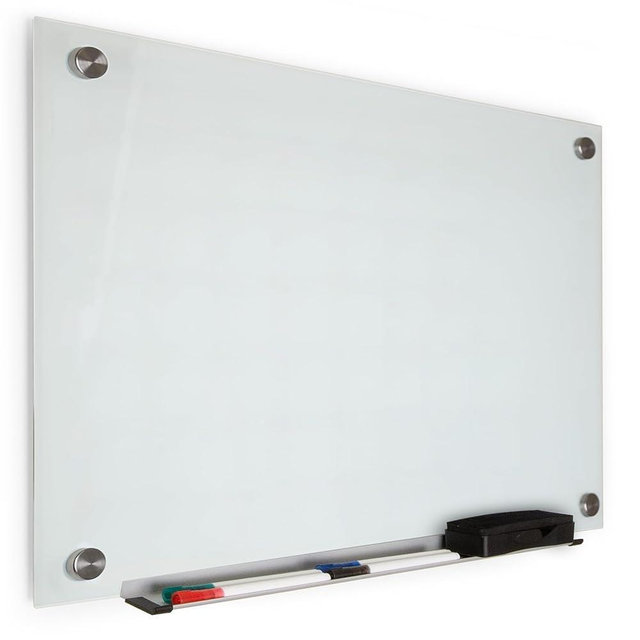 Real Glass Dry Erase Board, 18" x 24", Tempered Glass Surface, Frameless Wall Mount, with 4 Assorted Color Markers and Eraser, by Better Office Products (Bright White)