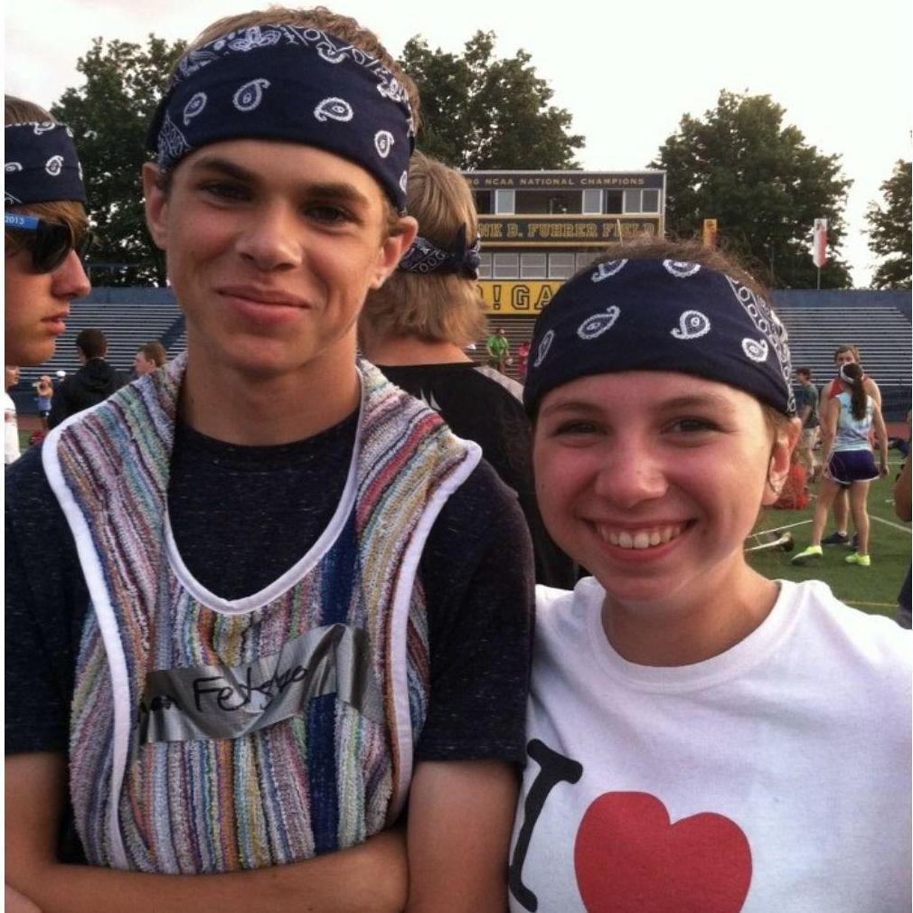 2014: The very first picture we ever took together. It's at band camp. Brian is wearing a bib, signifying he is a freshman; we're both wearing our Drumline-exclusive bandannas.