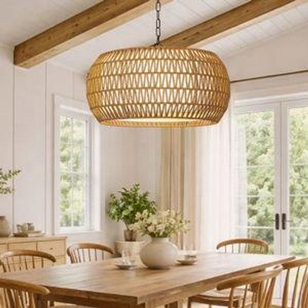 Anela Dimmable Drum Chandelier - Natural, 13" H x 27" W x 27" D