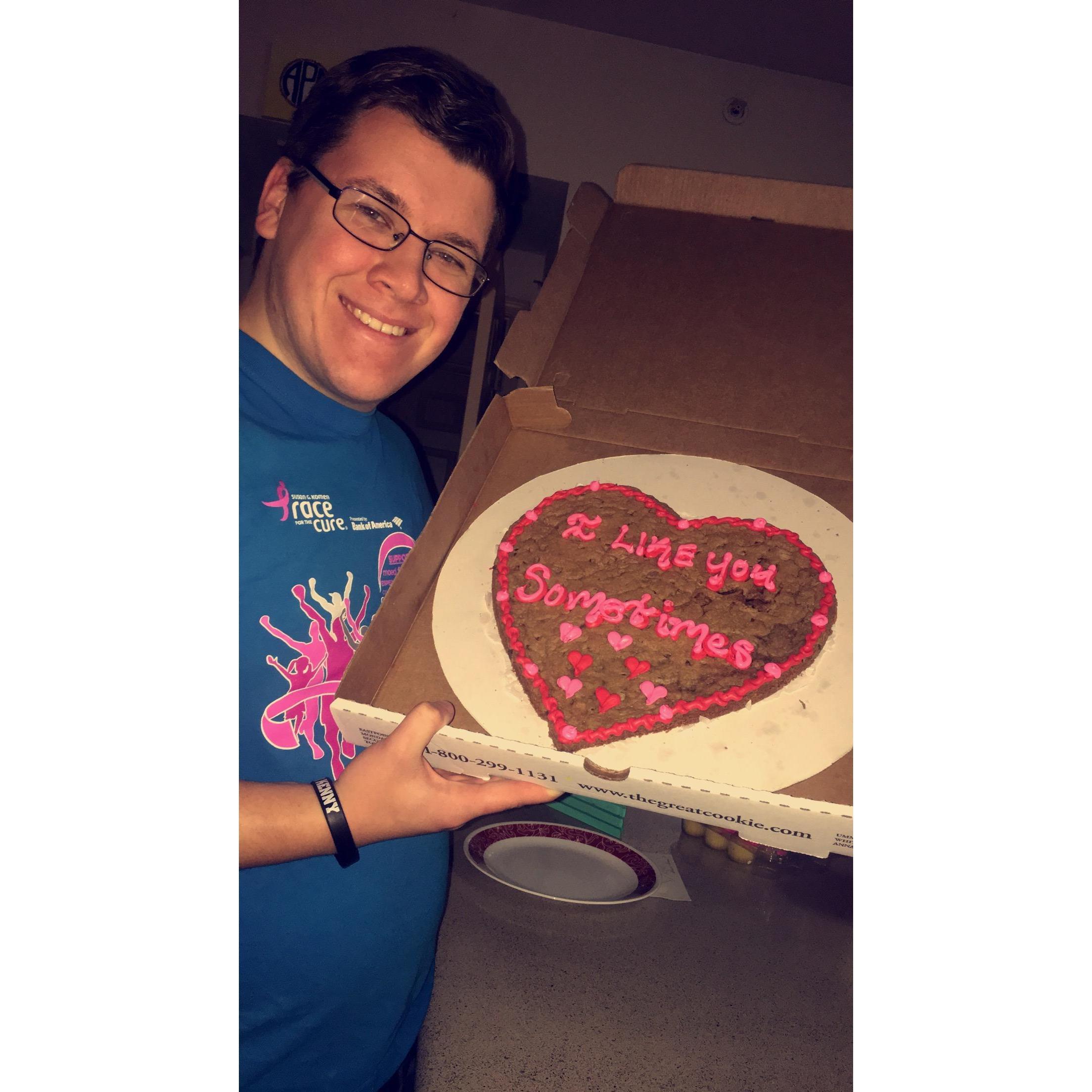 Every Valentine's day Melyssa gets Shane a cookie cake that is half hearted
