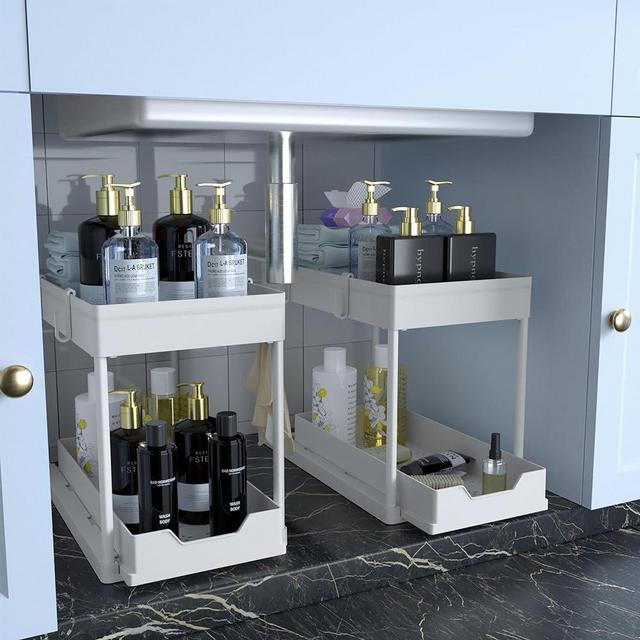 DEKAVA Under Sink Organizer 2 Pack，Bathroom Cabinet Organizer，2 Tier Sliding Cabinet Basket Organizer Drawer, Multi-Purpose Bath Collection Baskets for Bathroom (White)