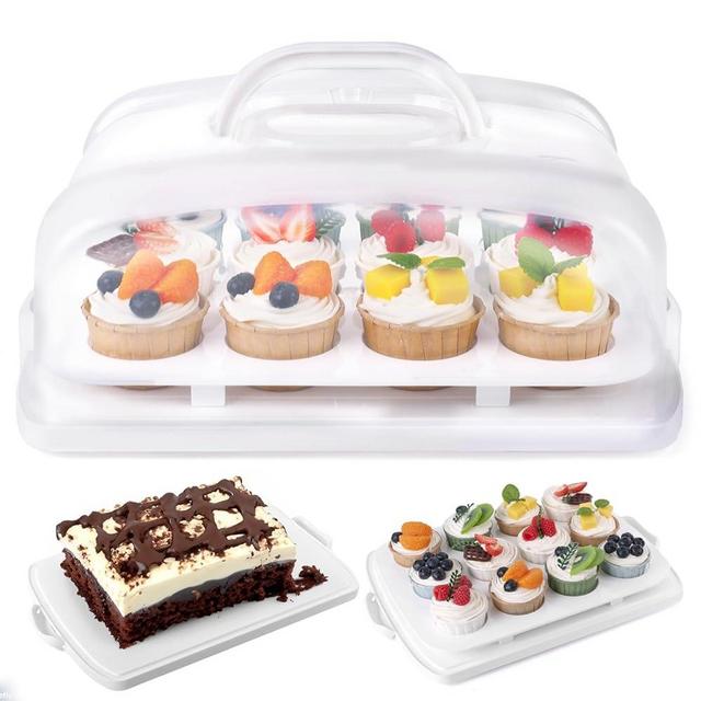 HANSGO Cake Carrier with Lid, White Cake Holder Cupcake Container for 12 Cupcakes 2 in 1 Portable Dessert Container for Cake Pie Muffin Cobbler