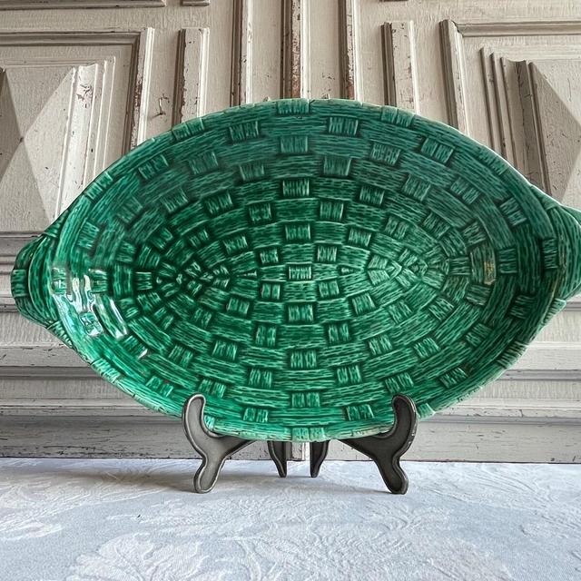 Antique French serving platter, green Barbotine basketweave serving dish, Majolica Digoin, 1920's jade green basket weave country kitchen