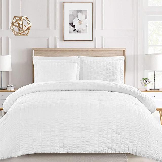 CozyLux Twin Bed in a Bag White Seersucker Textured Comforter Set with Sheets 5-Pieces for Girls and Boys - Bedding Sets with Comforter, Pillow Sham, Flat Sheet, Fitted Sheet, Pillowcase