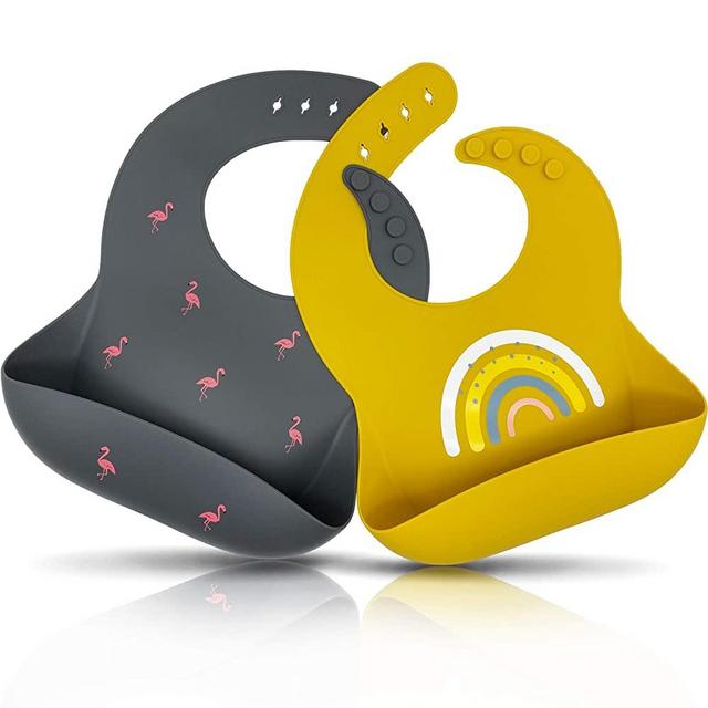 Moonkie Silicone Baby Bibs Set Of 2, BPA Free Waterproof Soft Durable Adjustable Silicone Bibs for Babies & Toddlers (Dark Grey/Kodak)