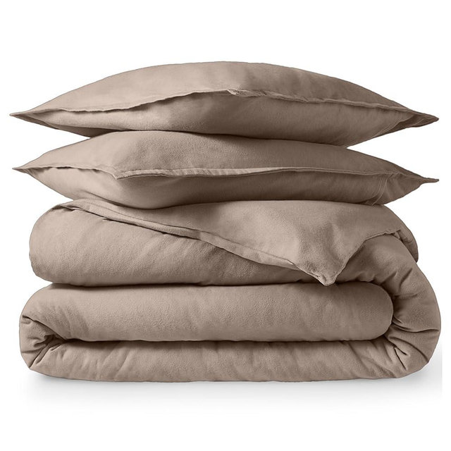 Bare Home Flannel Duvet Cover Set - King - 100% Cotton, Velvety Soft Heavyweight Premium Flannel, Double Brushed - Includes Sham Pillow Covers (King, Taupe)