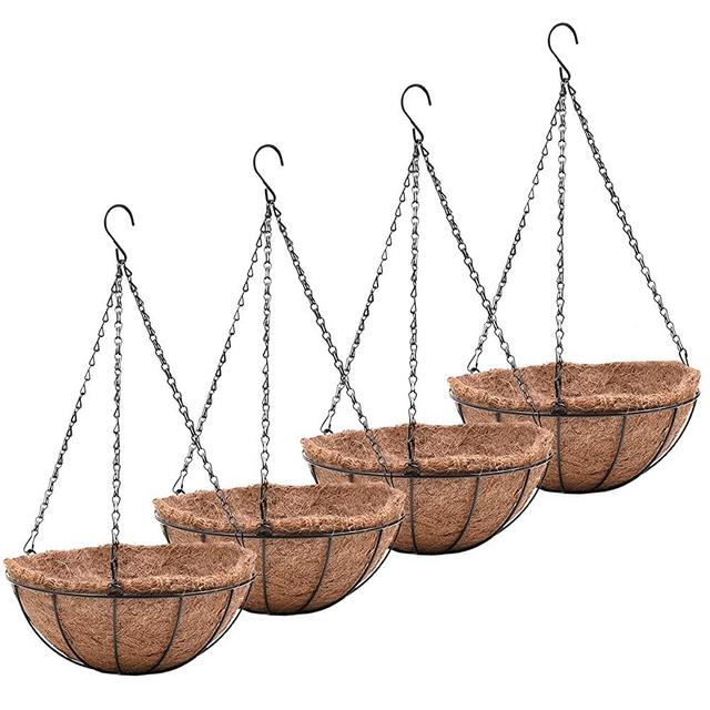 Metal Hanging Planters Basket Set of 4 Hanging Flower Pots 10 Inch Chain Round Wire Plant Holder with Coco Coir Liner Garden Watering Hanging Baskets for Patio Garden Outdoor