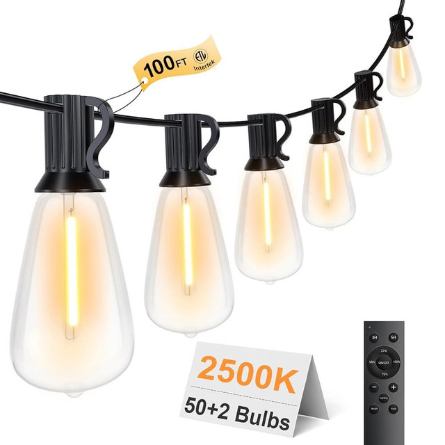LaPitio 100FT Remote Outdoor String Lights for Outside, 2500K 52 LED Dimmable Bulbs, Waterproof Shatterproof Timer for Garden, Patio, Backyard, Yard, Gazebo, Deck, House Hanging Lighting