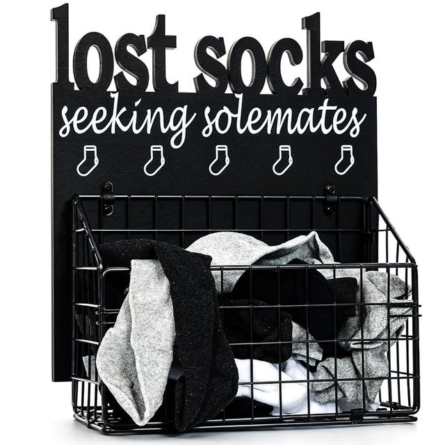 Lost Socks Basket for Laundry Room, Rustic Farmhouse Cutout Letters Organization, Home Wooden Decor And Accessories, Seeking Solemates Sign