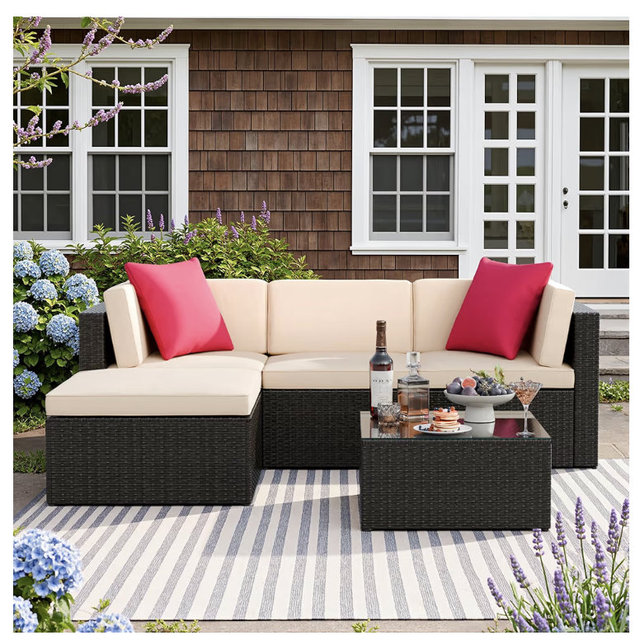 Devoko 5 Pieces Patio Furniture Sets All Weather Outdoor Sectional Patio Sofa Manual Weaving Wicker Rattan Patio Seating Sofas with Cushion and Glass Table (Beige)