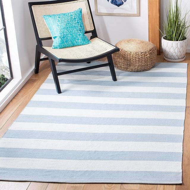 SAFAVIEH Montauk Collection Area Rug - 8' x 10', Sky Blue & Ivory, Handmade Flat Weave Boho Farmhouse Stripe Cotton, Ideal for High Traffic Areas in Living Room, Bedroom (MTK712K)