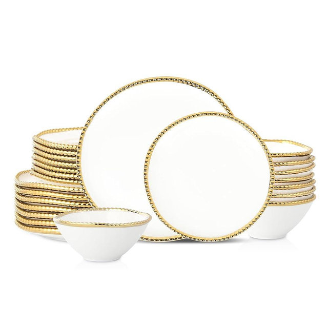 Christian Siriano Akoya Porcelain Dinnerware Set, 24-Piece - Dish Set for 8, Plates and Bowls Set, White and Gold