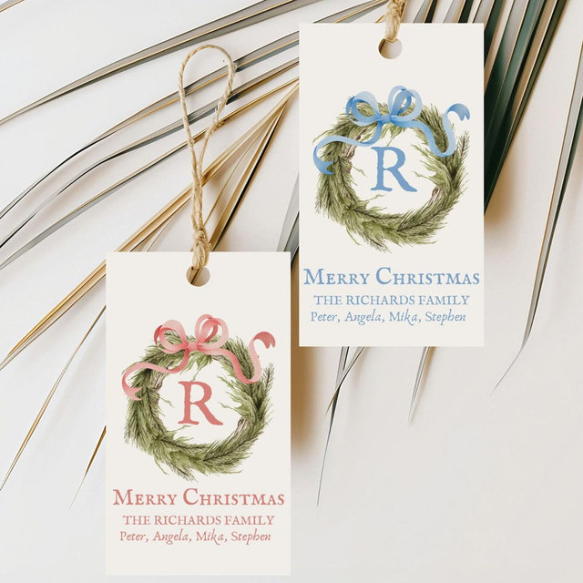 Personalized Watercolor Wreath Hang Tag, Blue Christmas Bow Gift Tags, Monogram Holiday Gift Tags, Blue Chinoiserie Christmas Preppy