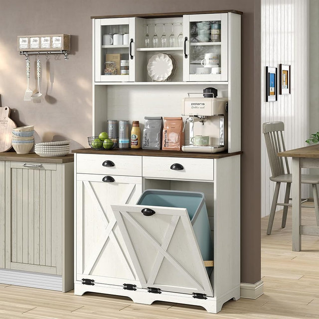 Furniouse 65''H Kitchen Trash Can Cabinet, Farmhouse Double Tilt Out Trash Bin Hutch Cabinet, Microwave Kitchen Pantry with Hidden Garbage Storage & 2 Drawers, Antique White