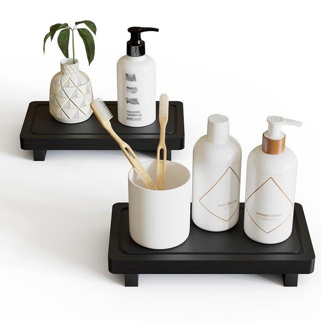ZGO Small Bathroom Counter Tray Set of 2, Bathroom Decor and Accessories, Wooden Tray Soap Holder for Bathroom, Vanity Tray House Decorative Tray, Kitchen Counter Decor Coffee Bar Accessories, Black