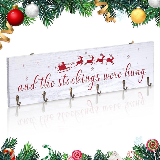 Christmas Stocking Holder, The Stocking were Hung Wood Hanging Sign, Stocking Holder for Wall, Xmas Stocking Holder with 6 Hangers for Fireplace Mantel, 24 inch,White